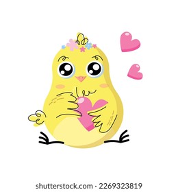 Spring Easter animals characters banner with chick.
Cute chick with heart. Flat vector cartoon design.