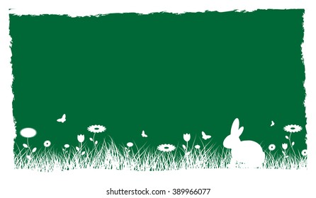 Spring easter background with abstract grass, flowers, bunny, butterflies and grungy border dark green.