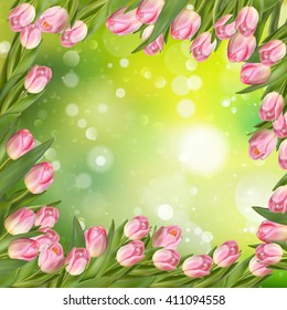 Spring Easter background with beautiful pink tulips. Summer flower background. EPS 10 vector file included