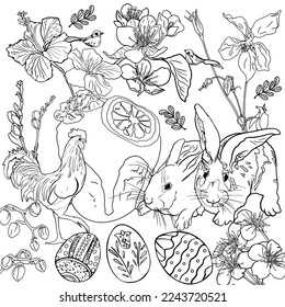 Spring Easter background with creative cute bunny. Black and white vector illustration. Black and white colouring page of easter egg, bunny, flowers. Festive vector image. Advertising, banner, header