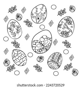 Spring Easter background with creative cute bunny. Black and white vector illustration. Black and white colouring page of easter egg, bunny, flowers. Festive vector image. Advertising, banner, header
