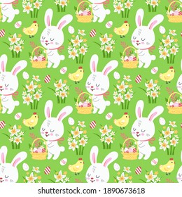 Spring easter background with cute bunnies for wallpaper and fabric design. Vector