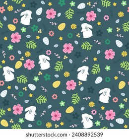 Spring easter background with cute bunnies, eggs and flowers for wallpaper and fabric design. 