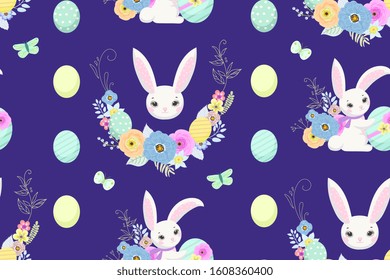 Spring easter background with cute bunnies,eggs and flowers for wallpaper and fabric design. Vector