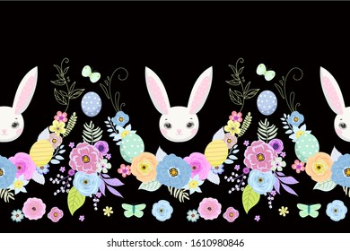 Spring easter background with cute bunnies,eggs and flowers for wallpaper and fabric design. Vector