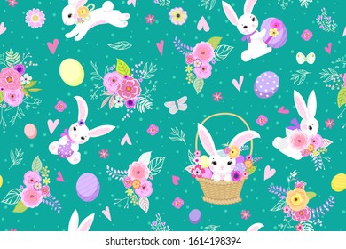 Spring easter background with cute bunnies,eggs and flowers for wallpaper and fabric design. Vector