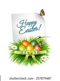 Spring Easter background. Easter eggs in grass with flowers. Vector.