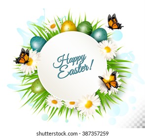 Spring Easter background. Eggs in grass with flowers. Vector.