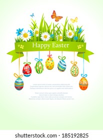 Spring easter background with eggs. Place for text. Vector illustration.