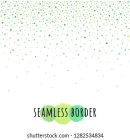 Spring, Easter background, fading dots frame or border seamless in horizontal direction. Uneven various grass green tiny spots, flecks, spray, specks, blobs, round drops, beads pattern. Design element