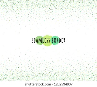 Spring, Easter background, fading dots frame or border seamless in horizontal direction. Uneven various grass green tiny spots, flecks, spray, specks, blobs, round drops, beads pattern. Design element