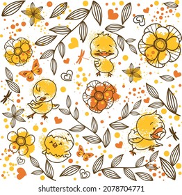 Spring or easter background pattern with cute little chickens in yellow . For postcards, tags, textiles, wallpapers, gift wrapping.