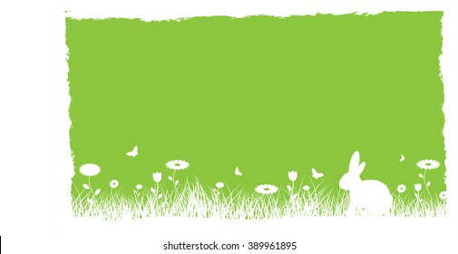 Spring Easter Background with rabbit flower,butterflyes and grungy border-illustration light green