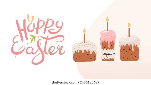 Spring Easter banner with cakes and candles. Hand lettering. Traditional religious sweet pastries. Spring minimal style. Horizontal festive background for invitations. Vector flat illustration.