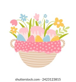 Spring Easter basket with wild flowers, colorful eggs and cupcakes vector illustration