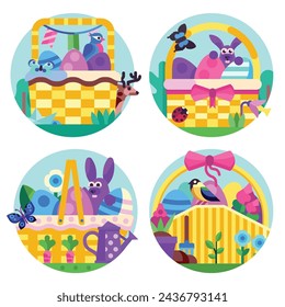 Spring Easter baskets circle icons. Festive wicker decorated picnic basket collection filled with blooming flowers, eggs, bunnies and other springtime symbols.