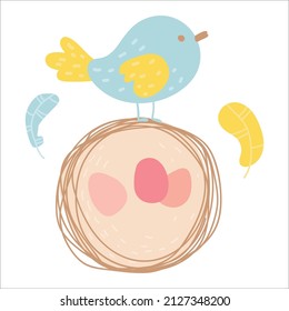 spring easter bird in a nest with eggs cartoon