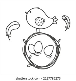 spring easter bird in a nest with eggs cartoon
