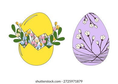 Buquê de Páscoa de primavera com flores da flor e folhas em casca de ovo rachada e ovo com decoração Sprigs. Ilustração isolada em vetor Páscoa Conteúdo relacionado primavera Estação Temática Cartas Saudações, folheto