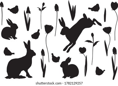 Spring easter bunnies and flowers silhouettes. Clip art on white background