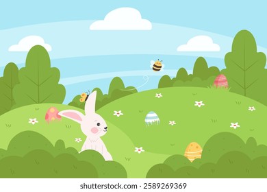 Spring Easter bunny in meadow with colorful eggs, flowers and cute insects. Cartoon vector illustration