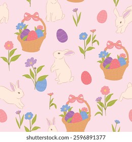 Spring Easter bunny pink seamless pattern vector illustration