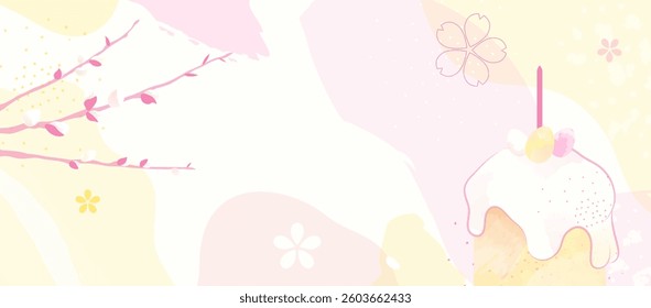 Spring Easter Cake Pastel Banner. Floral Branches and Delicate Holiday Decor with Classic Kulich