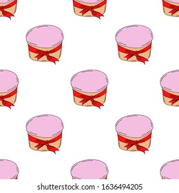 Spring Easter cake with red ribbon seamless pattern.Drawing with your hand using a line.On white background.For the spring holiday, Easter, a treat for the holiday.Printing on textiles and paper. 