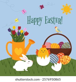 Spring Easter card. Easter bunny with a chick on the grass. Basket with Easter eggs. Watering can with a bouquet of tulips. Set of postcards. Vector illustration