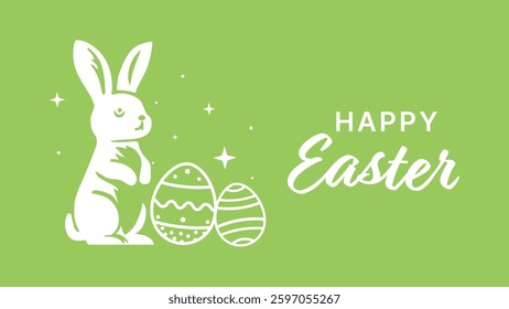 Spring Easter card with bunny and eggs on green background.