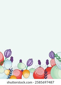 Spring Easter card with colorful eggs, crocus, and lavender at the bottom, leaving space on top for custom text