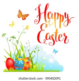 Spring Easter card for design card, banner,ticket, leaflet and so on.Template page with handwritten inscription Happy Easter. Holiday card. Place for text.