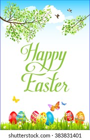 Spring easter card with eggs on a grass. Festive spring background  for design card, banner,ticket, leaflet and so on. Place for text.