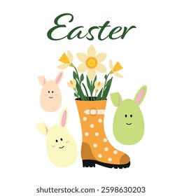 Spring Easter card with flowers in a boot and Easter eggs, bunnies.