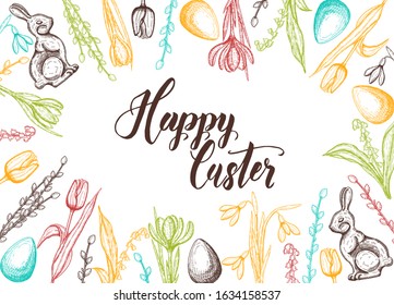 Spring Easter card with hand drawn easter egg, chocolate bunny, lilies of the valley, tulip, snowdrop, crocus, willow. Hand made lettering- Happy Easter