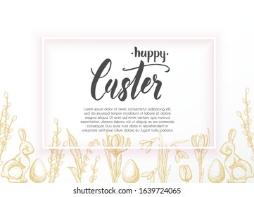 Spring Easter card with hand drawn easter egg, chocolate bunny, lilies of the valley, tulip, snowdrop, crocus, willow. Space for text as an example. Hand made lettering-Happy Easter