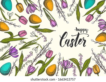 Spring Easter card with hand drawn colored easter egg, lilies of the valley, tulip, snowdrop, crocus, willow. Hand made lettering- Happy Easter