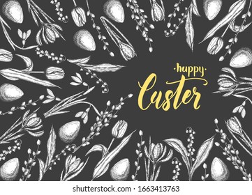 Spring Easter card with hand drawn easter egg, lilies of the valley, tulip, snowdrop, crocus, willow on black. Hand made lettering- Happy Easter