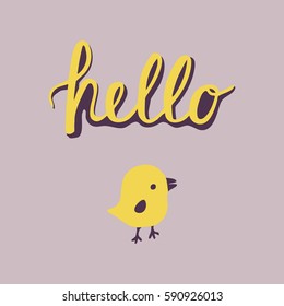 Spring and Easter cards poster. Greeting card with modern calligraphy Hello and cartoon yellow chicks for design invitation, cards, banner, poster.