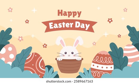 Spring Easter Celebration Banner Template with Colorful Easter Eggs and Fresh Green Leaves. Perfect for Holiday Greetings, Invitations, and Seasonal Promotion