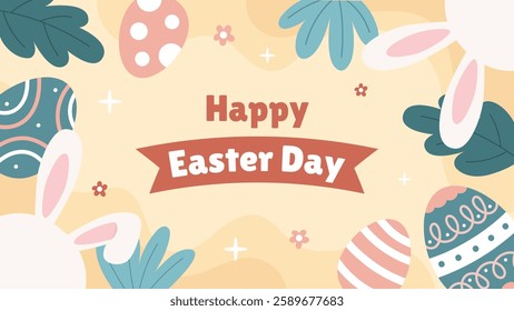 Spring Easter Celebration Banner Template with Colorful Easter Eggs and Fresh Green Leaves. Perfect for Holiday Greetings, Invitations, and Seasonal Promotion