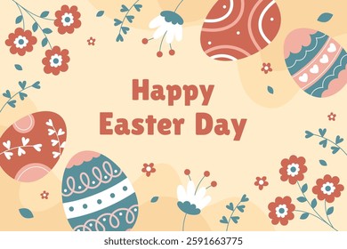 Spring Easter Celebration Banner Template with Colorful Easter Eggs and Fresh Green Leaves. Perfect for Holiday Greetings, Invitations, and Seasonal Promotion