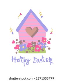 Spring Easter characters banner with home.
Cute house with flowers, calligraphy lettering. Flat vector cartoon design.