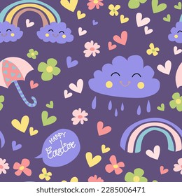 Spring Easter characters pattern with rainbow, cloud.
Cute seamless pattern with calligraphy lettering. Flat vector cartoon design on a dark blue background.