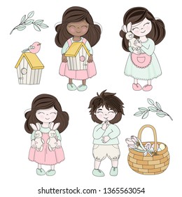 SPRING EASTER Children Characters Vector Illustration Set