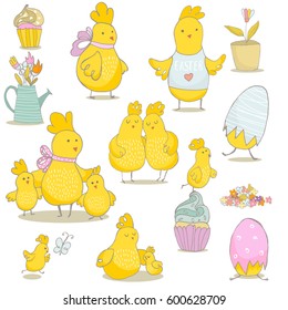Spring and Easter clip art. Mommy with chicken, eggs, cupcakes, watering can. Cute Chicks isolated. Hand drawn vector Illustration