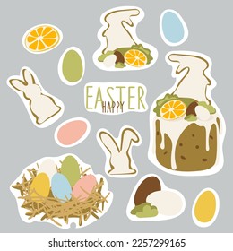 Spring and Easter collection of bread, eggs, inscription, decor and rabbit symbol. Perfect for poster, postcard, scrapbooking, tag, invitation, sticker set. Drawn. Vector illustration
