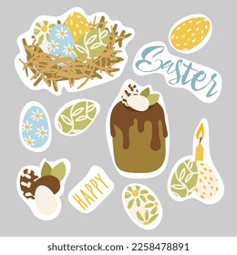 Spring and Easter collection of bread, eggs, inscription, decor and rabbit symbol. Perfect for poster, postcard, scrapbooking, tag, invitation, sticker set. Drawn. Vector illustration