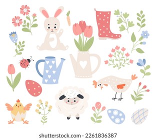 Spring Easter collection. Easter Bunny, Sheep, Chicken and Rooster, Eggs and Flowers, Rubber Boot and Watering Can. Vector flat cartoon elements for design, decor and kids collection