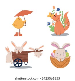 Spring and Easter collection of cute animals, flowers and decorations. Perfect for poster, card, scrapbooking , tag, invitation, sticker kit. Hand drawn vector illustration.